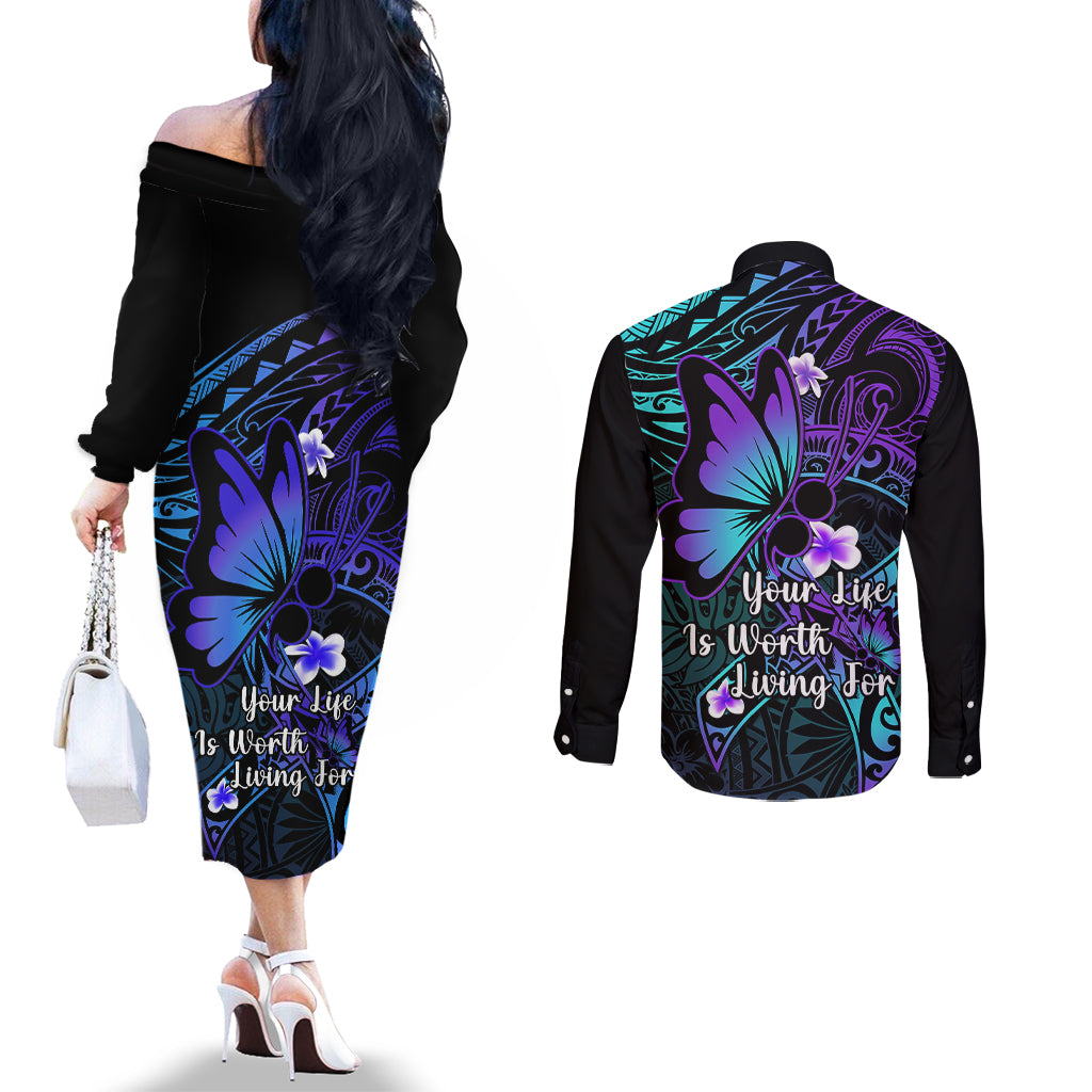 Polynesia Suicide Prevention Awareness Couples Matching Off The Shoulder Long Sleeve Dress and Long Sleeve Button Shirts Your Life Is Worth Living For Polynesian Blue Pattern LT14 - Polynesian Pride