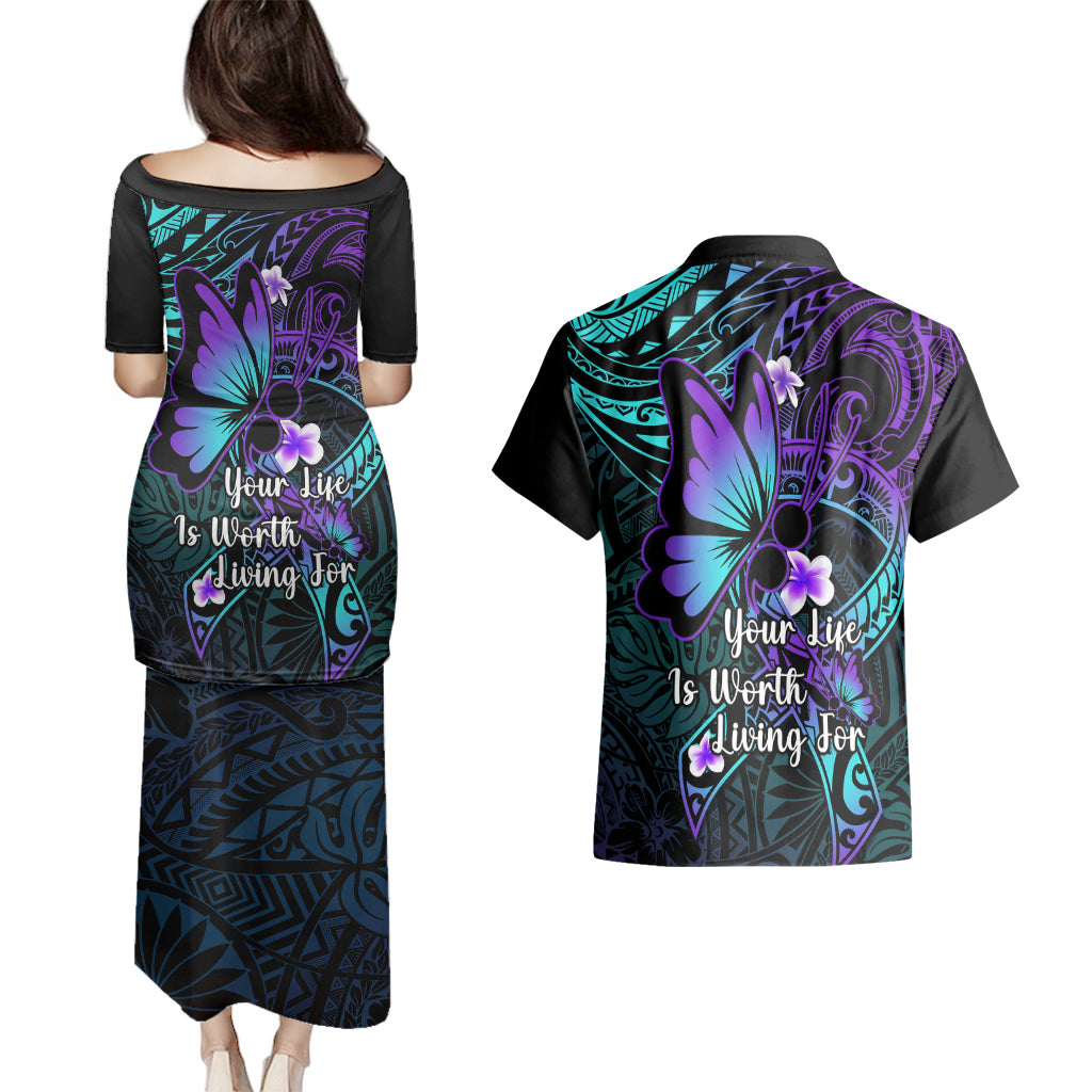 Polynesia Suicide Prevention Awareness Couples Matching Puletasi Dress and Hawaiian Shirt Your Life Is Worth Living For Polynesian Blue Pattern LT14 - Polynesian Pride