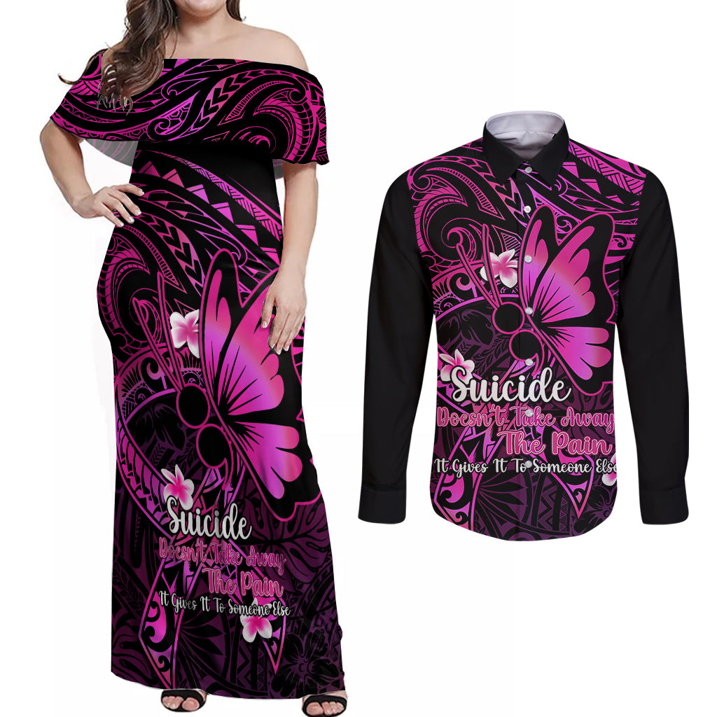 Polynesia Suicide Prevention Awareness Couples Matching Off Shoulder Maxi Dress and Long Sleeve Button Shirts Your Life Is Worth Living For Polynesian Pink Pattern LT14 Pink - Polynesian Pride