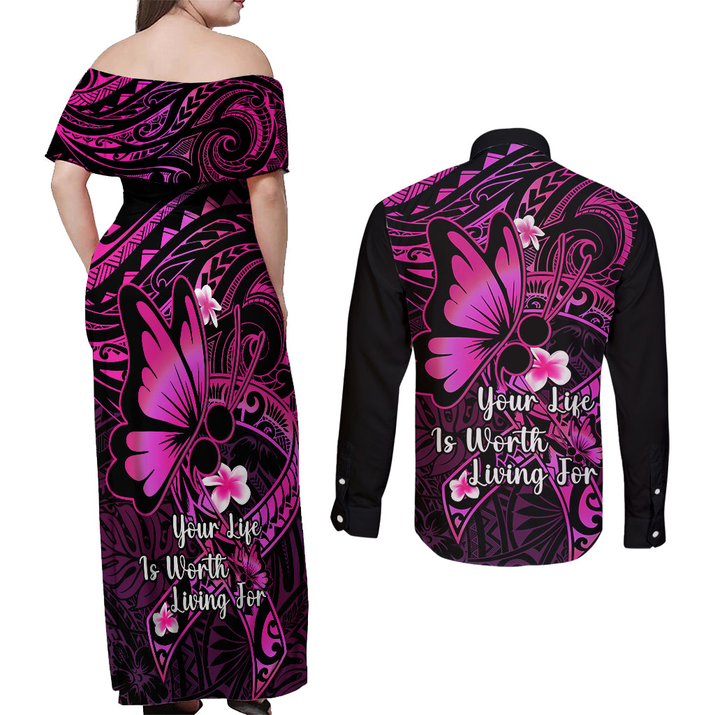 Polynesia Suicide Prevention Awareness Couples Matching Off Shoulder Maxi Dress and Long Sleeve Button Shirts Your Life Is Worth Living For Polynesian Pink Pattern LT14 - Polynesian Pride