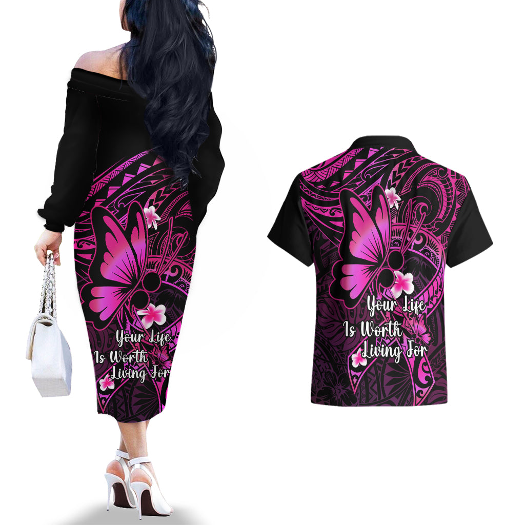 Polynesia Suicide Prevention Awareness Couples Matching Off The Shoulder Long Sleeve Dress and Hawaiian Shirt Your Life Is Worth Living For Polynesian Pink Pattern LT14 - Polynesian Pride