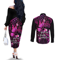 Polynesia Suicide Prevention Awareness Couples Matching Off The Shoulder Long Sleeve Dress and Long Sleeve Button Shirts Your Life Is Worth Living For Polynesian Pink Pattern LT14 - Polynesian Pride