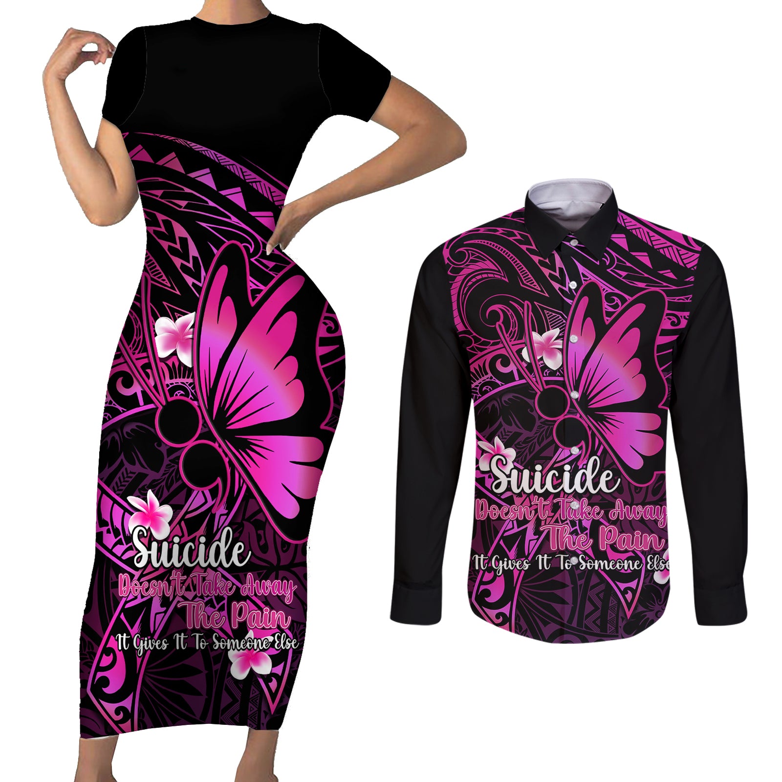 Polynesia Suicide Prevention Awareness Couples Matching Short Sleeve Bodycon Dress and Long Sleeve Button Shirts Your Life Is Worth Living For Polynesian Pink Pattern LT14 Pink - Polynesian Pride