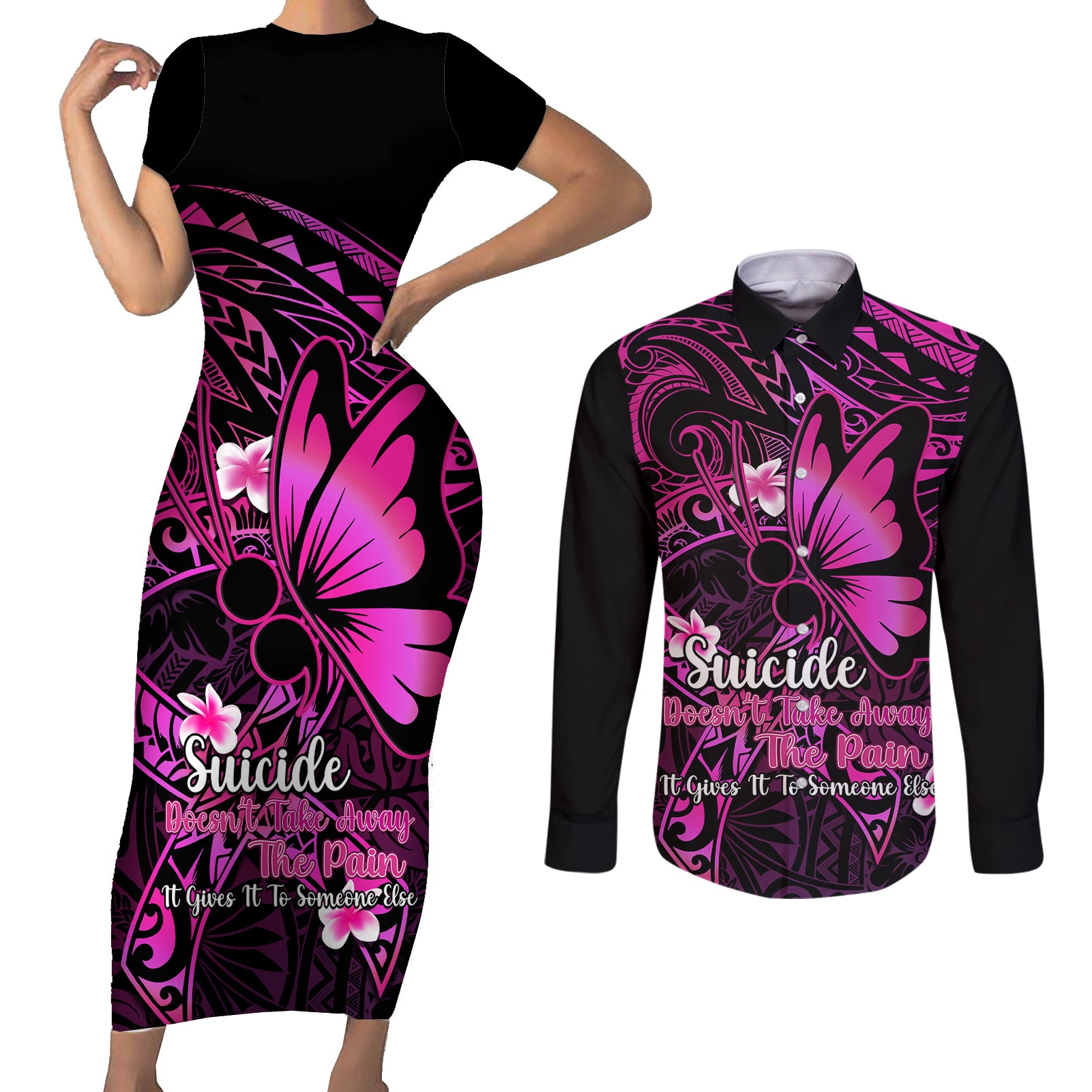 Polynesia Suicide Prevention Awareness Couples Matching Short Sleeve Bodycon Dress and Long Sleeve Button Shirts Your Life Is Worth Living For Polynesian Pink Pattern LT14 Pink - Polynesian Pride
