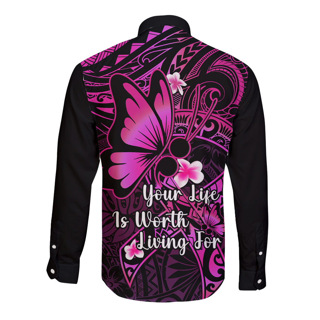 Polynesia Suicide Prevention Awareness Long Sleeve Button Shirt Your Life Is Worth Living For Polynesian Pink Pattern LT14 - Polynesian Pride