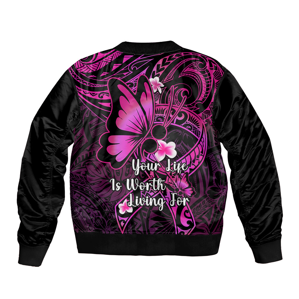 Polynesia Suicide Prevention Awareness Sleeve Zip Bomber Jacket Your Life Is Worth Living For Polynesian Pink Pattern LT14 - Polynesian Pride