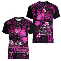Polynesia Suicide Prevention Awareness Women V Neck T Shirt Your Life Is Worth Living For Polynesian Pink Pattern LT14 - Polynesian Pride