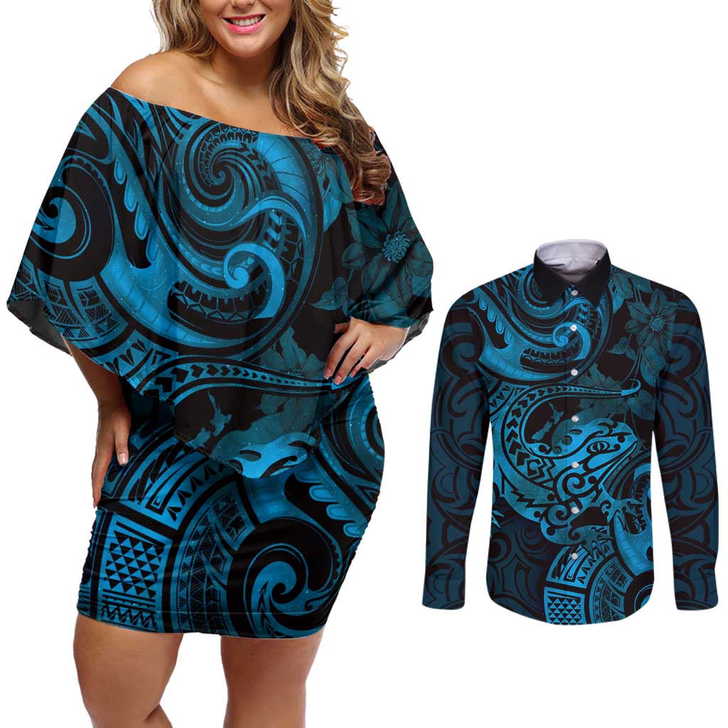 New Zealand Tuatara Couples Matching Off Shoulder Short Dress and Long Sleeve Button Shirt Aotearoa Maori Clematis Flowers - Blue LT14 Blue - Polynesian Pride