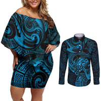 New Zealand Tuatara Couples Matching Off Shoulder Short Dress and Long Sleeve Button Shirt Aotearoa Maori Clematis Flowers - Blue LT14 Blue - Polynesian Pride