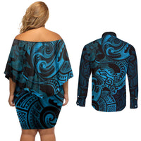 New Zealand Tuatara Couples Matching Off Shoulder Short Dress and Long Sleeve Button Shirt Aotearoa Maori Clematis Flowers - Blue LT14 - Polynesian Pride