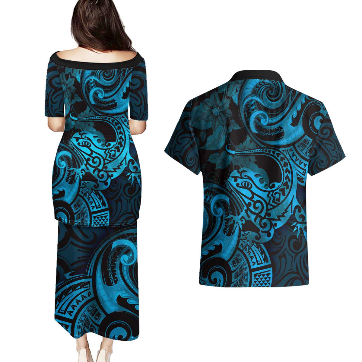 New Zealand Tuatara Couples Matching Puletasi and Hawaiian Shirt Aotearoa Maori Clematis Flowers - Blue