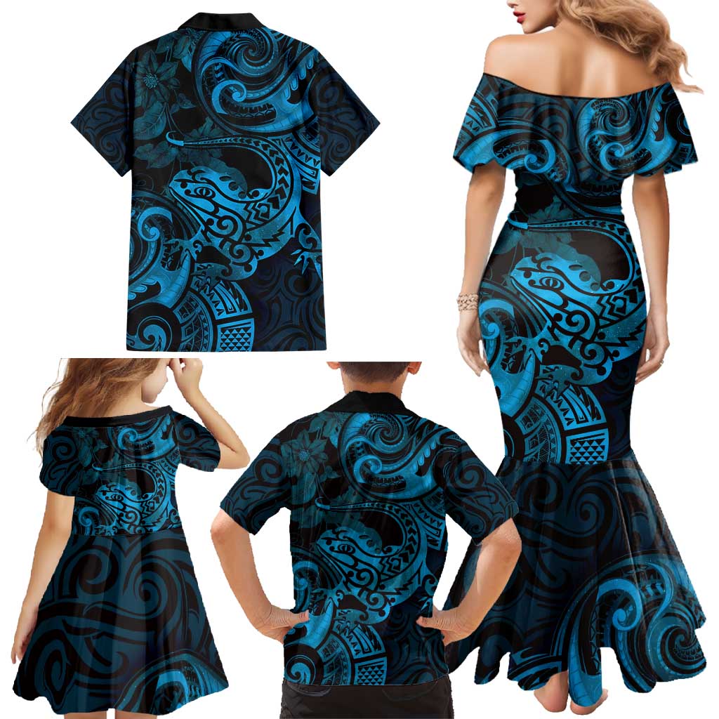 New Zealand Tuatara Family Matching Mermaid Dress and Hawaiian Shirt Aotearoa Maori Clematis Flowers - Blue