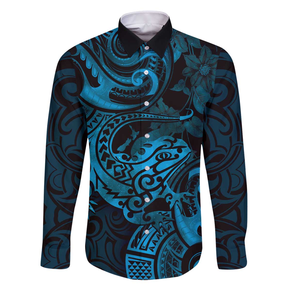 New Zealand Tuatara Family Matching Puletasi and Hawaiian Shirt Aotearoa Maori Clematis Flowers - Blue