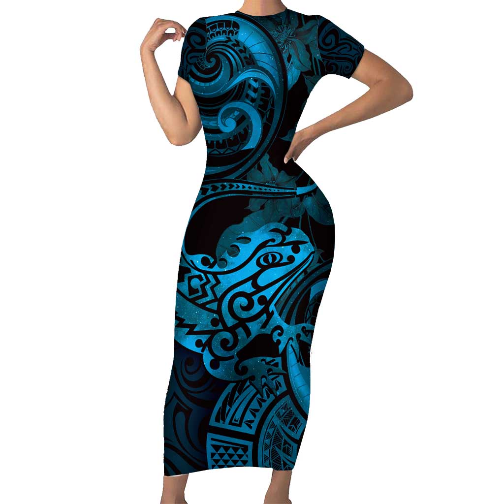 New Zealand Tuatara Family Matching Short Sleeve Bodycon Dress and Hawaiian Shirt Aotearoa Maori Clematis Flowers - Blue