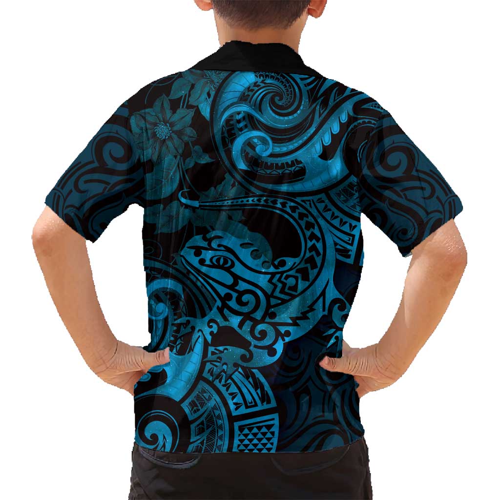 New Zealand Tuatara Family Matching Tank Maxi Dress and Hawaiian Shirt Aotearoa Maori Clematis Flowers - Blue