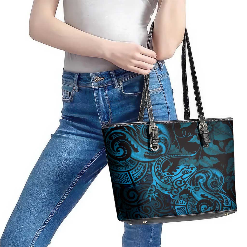 New Zealand Tuatara Leather Tote Bag Aotearoa Maori Clematis Flowers - Blue