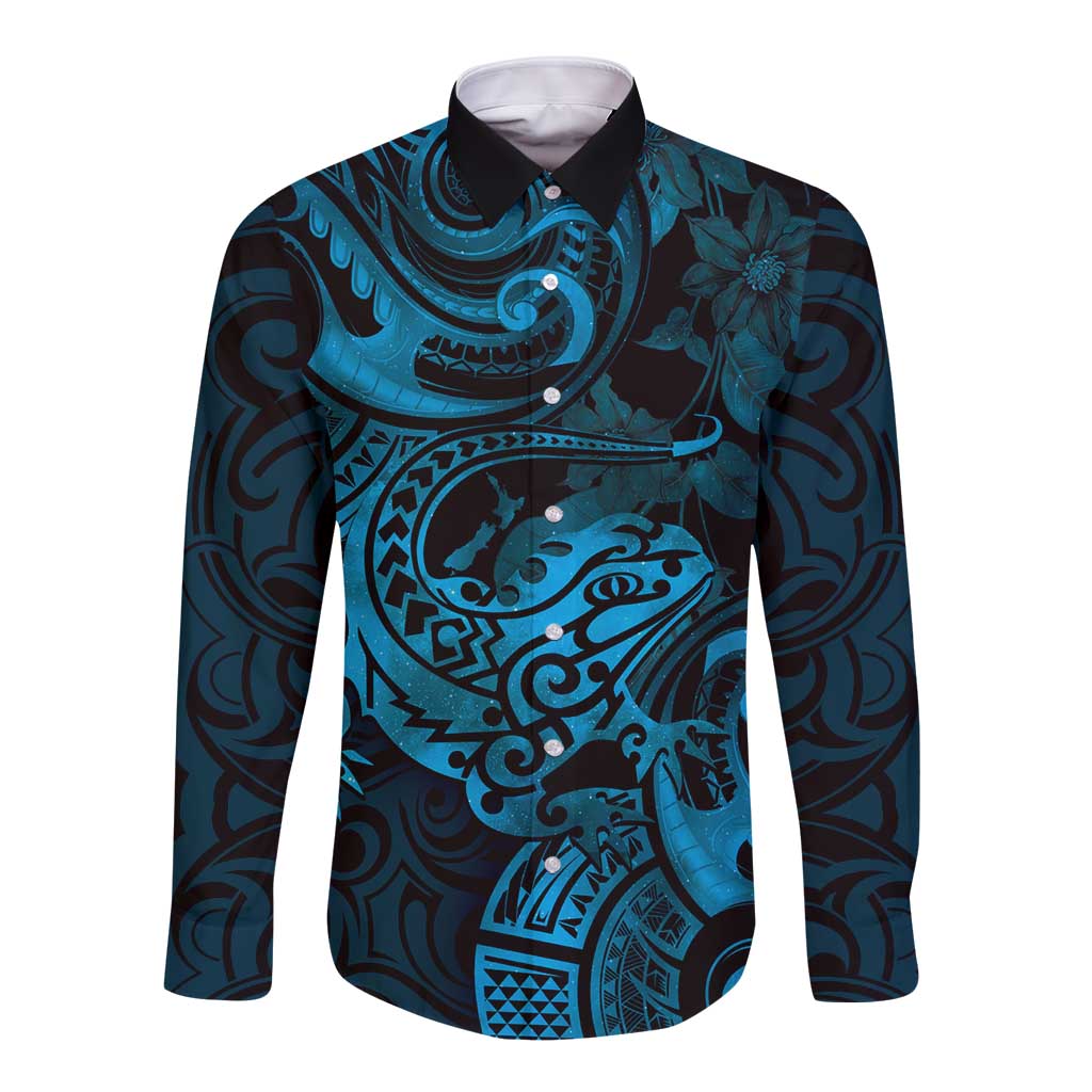 New Zealand Tuatara Long Sleeve Button Shirt Aotearoa Maori Clematis Flowers - Blue LT14 Unisex Blue - Polynesian Pride