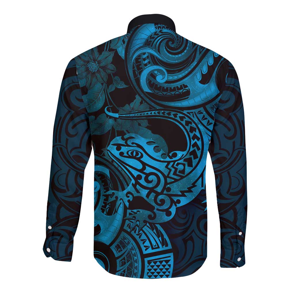 New Zealand Tuatara Long Sleeve Button Shirt Aotearoa Maori Clematis Flowers - Blue LT14 - Polynesian Pride