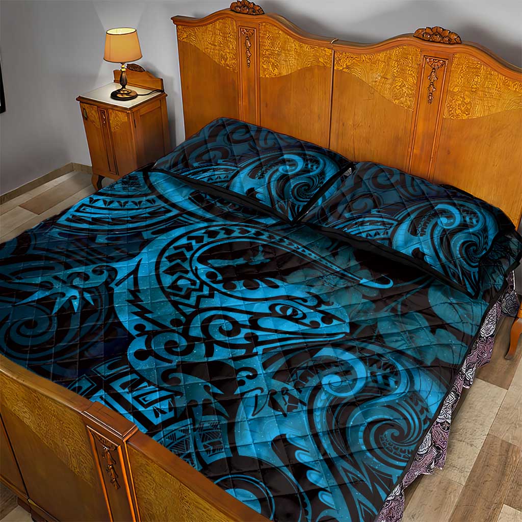 New Zealand Tuatara Quilt Bed Set Aotearoa Maori Clematis Flowers - Blue