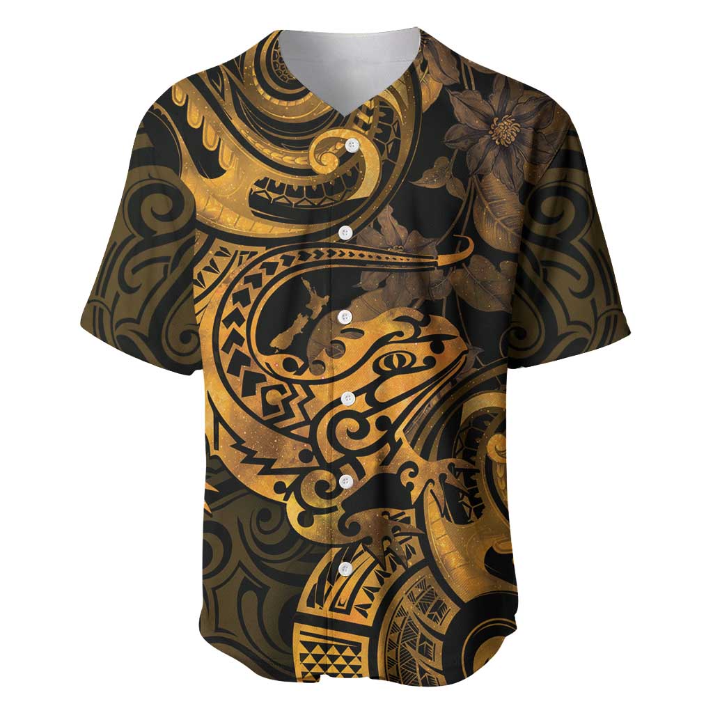 New Zealand Tuatara Baseball Jersey Aotearoa Maori Clematis Flowers - Gold LT14 Gold - Polynesian Pride