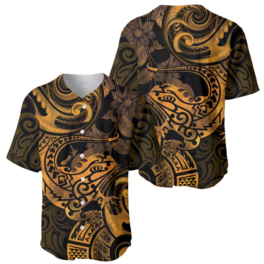 New Zealand Tuatara Baseball Jersey Aotearoa Maori Clematis Flowers - Gold LT14 - Polynesian Pride