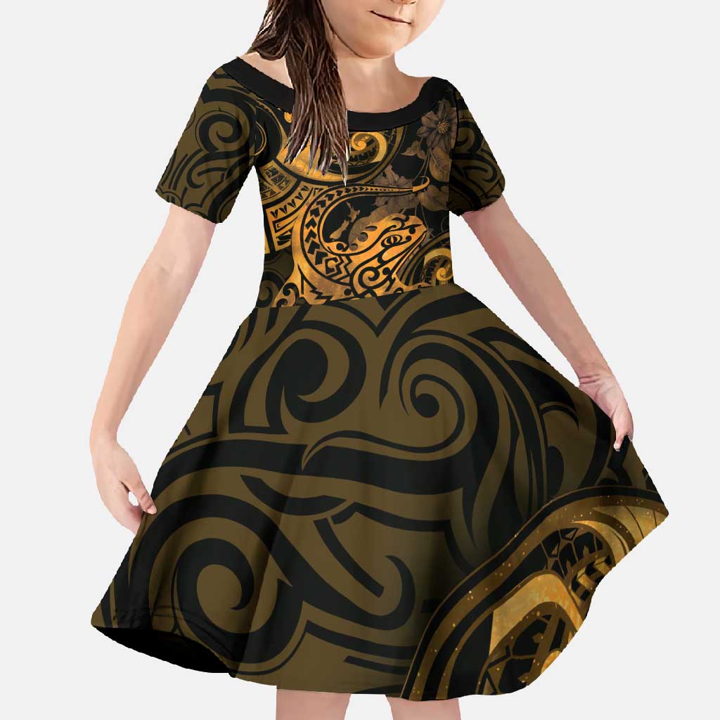 New Zealand Tuatara Family Matching Long Sleeve Bodycon Dress and Hawaiian Shirt Aotearoa Maori Clematis Flowers - Gold LT14 Daughter's Dress Gold - Polynesian Pride