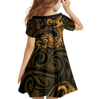 New Zealand Tuatara Family Matching Long Sleeve Bodycon Dress and Hawaiian Shirt Aotearoa Maori Clematis Flowers - Gold LT14 - Polynesian Pride