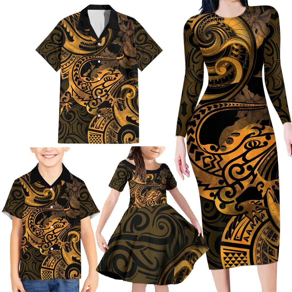 New Zealand Tuatara Family Matching Long Sleeve Bodycon Dress and Hawaiian Shirt Aotearoa Maori Clematis Flowers - Gold LT14 - Polynesian Pride
