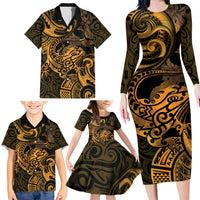 New Zealand Tuatara Family Matching Long Sleeve Bodycon Dress and Hawaiian Shirt Aotearoa Maori Clematis Flowers - Gold LT14 - Polynesian Pride