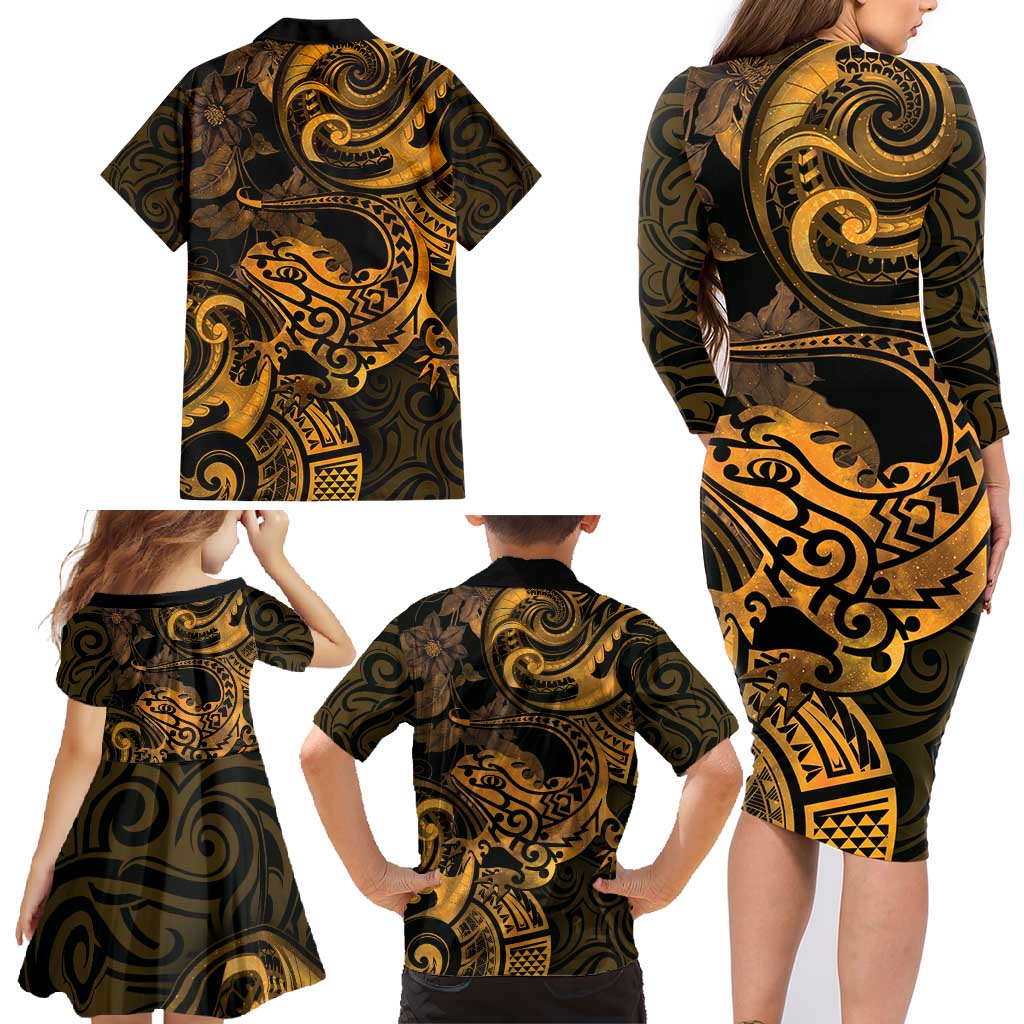 New Zealand Tuatara Family Matching Long Sleeve Bodycon Dress and Hawaiian Shirt Aotearoa Maori Clematis Flowers - Gold LT14 - Polynesian Pride