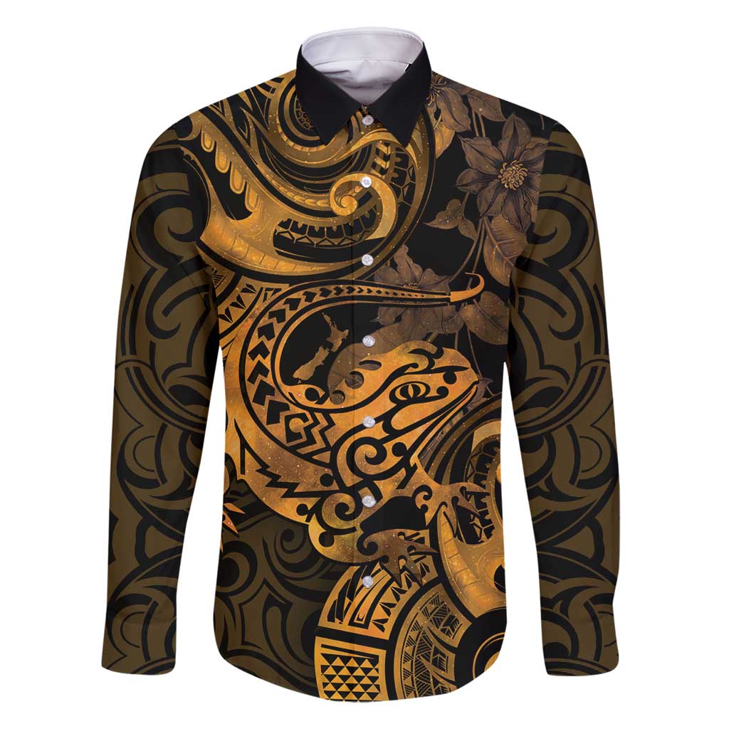 New Zealand Tuatara Family Matching Long Sleeve Bodycon Dress and Hawaiian Shirt Aotearoa Maori Clematis Flowers - Gold LT14 Dad's Shirt - Long Sleeve Gold - Polynesian Pride