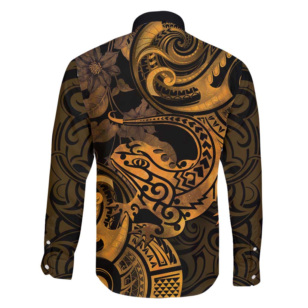 New Zealand Tuatara Family Matching Long Sleeve Bodycon Dress and Hawaiian Shirt Aotearoa Maori Clematis Flowers - Gold LT14 - Polynesian Pride