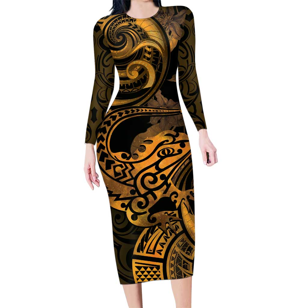 New Zealand Tuatara Family Matching Long Sleeve Bodycon Dress and Hawaiian Shirt Aotearoa Maori Clematis Flowers - Gold LT14 Mom's Dress Gold - Polynesian Pride
