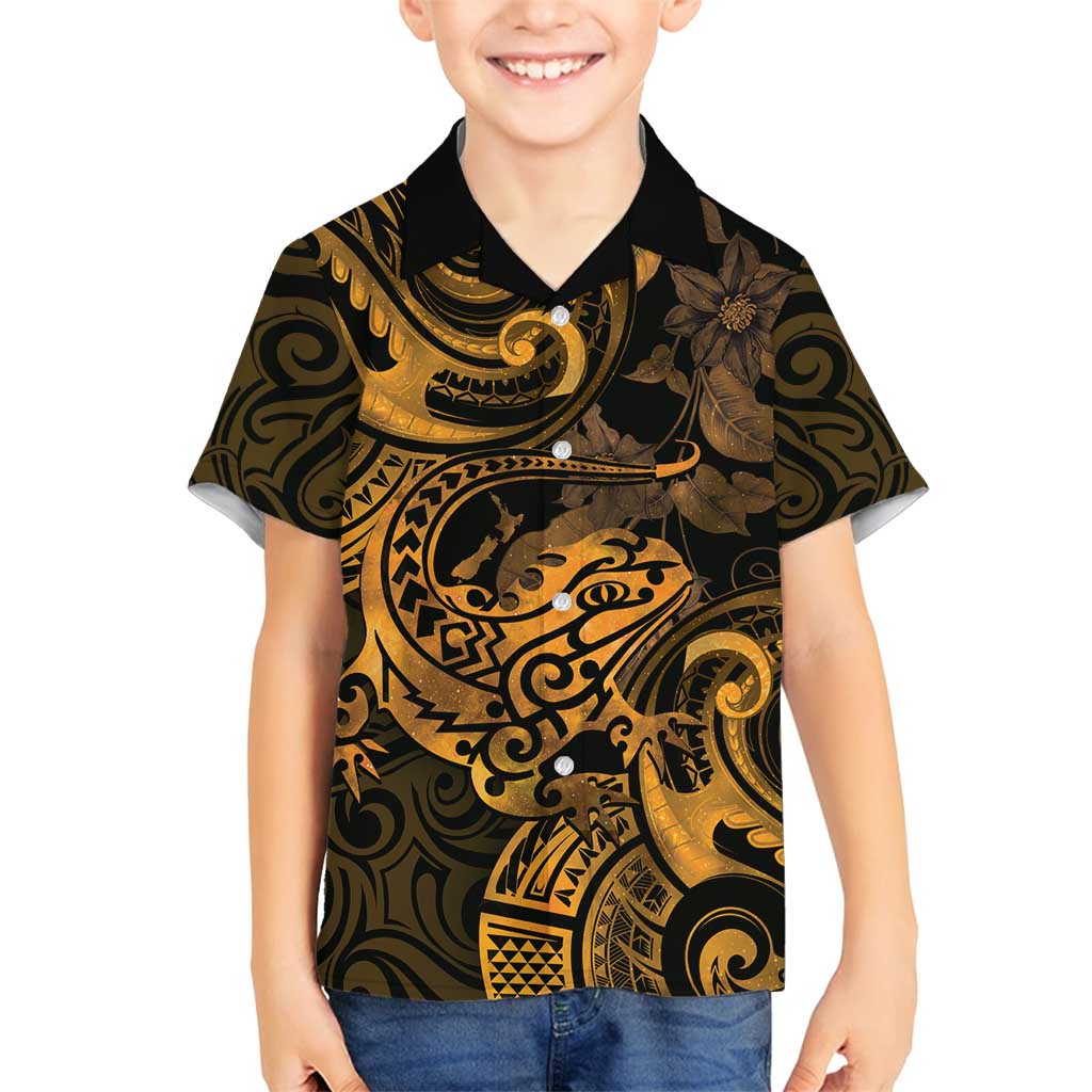 New Zealand Tuatara Family Matching Long Sleeve Bodycon Dress and Hawaiian Shirt Aotearoa Maori Clematis Flowers - Gold LT14 Son's Shirt Gold - Polynesian Pride