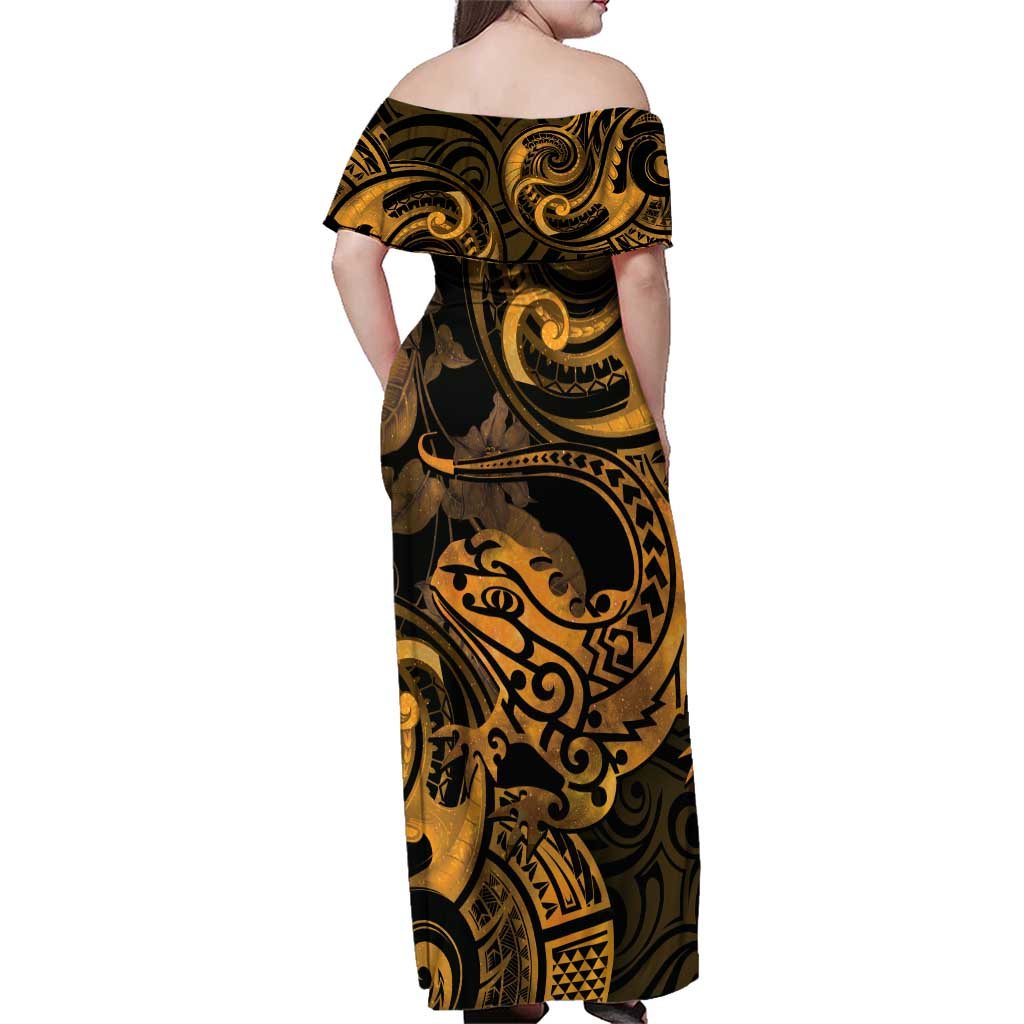 New Zealand Tuatara Family Matching Off Shoulder Maxi Dress and Hawaiian Shirt Aotearoa Maori Clematis Flowers - Gold
