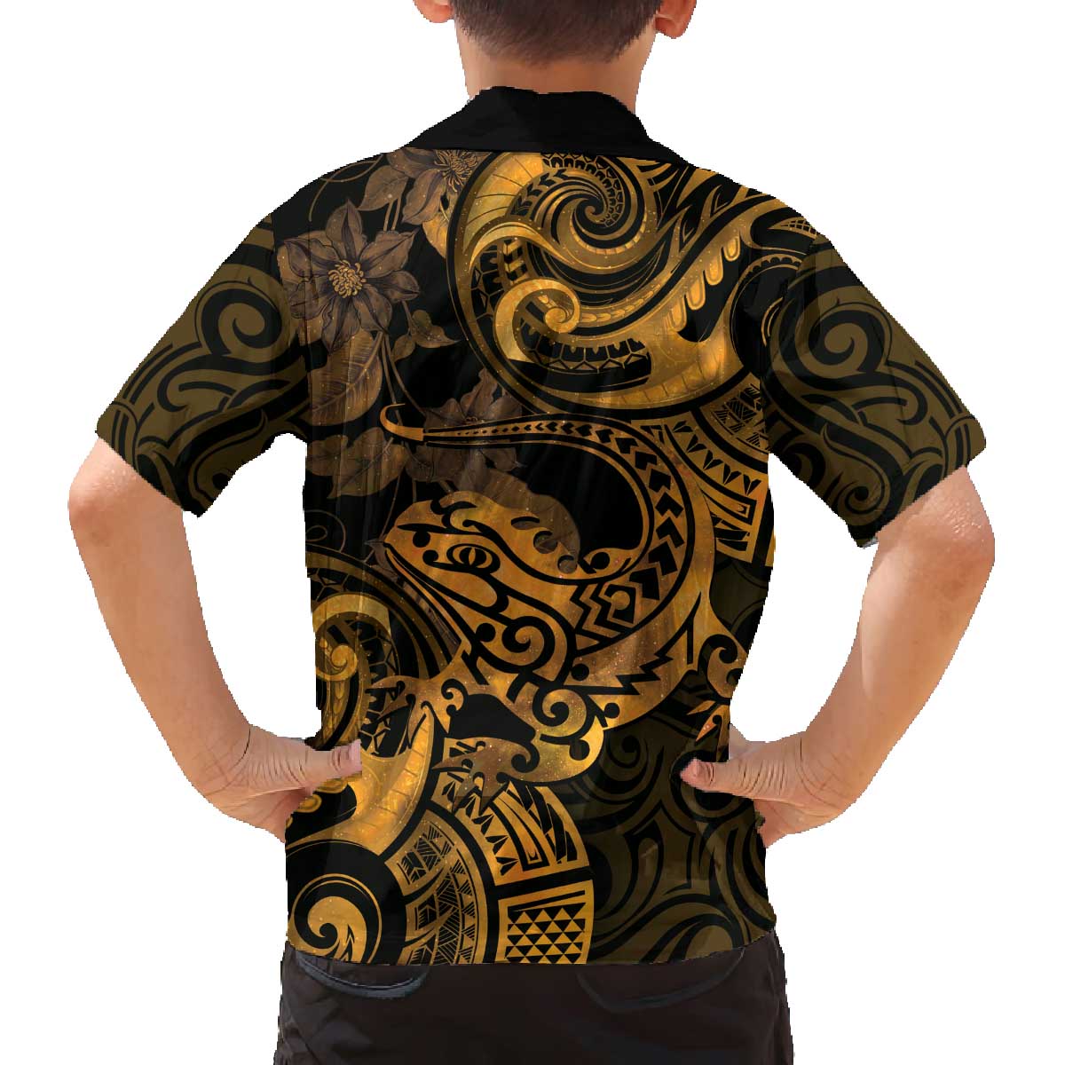 New Zealand Tuatara Family Matching Off Shoulder Short Dress and Hawaiian Shirt Aotearoa Maori Clematis Flowers - Gold LT14 - Polynesian Pride