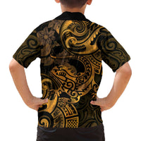 New Zealand Tuatara Family Matching Off Shoulder Short Dress and Hawaiian Shirt Aotearoa Maori Clematis Flowers - Gold LT14 - Polynesian Pride