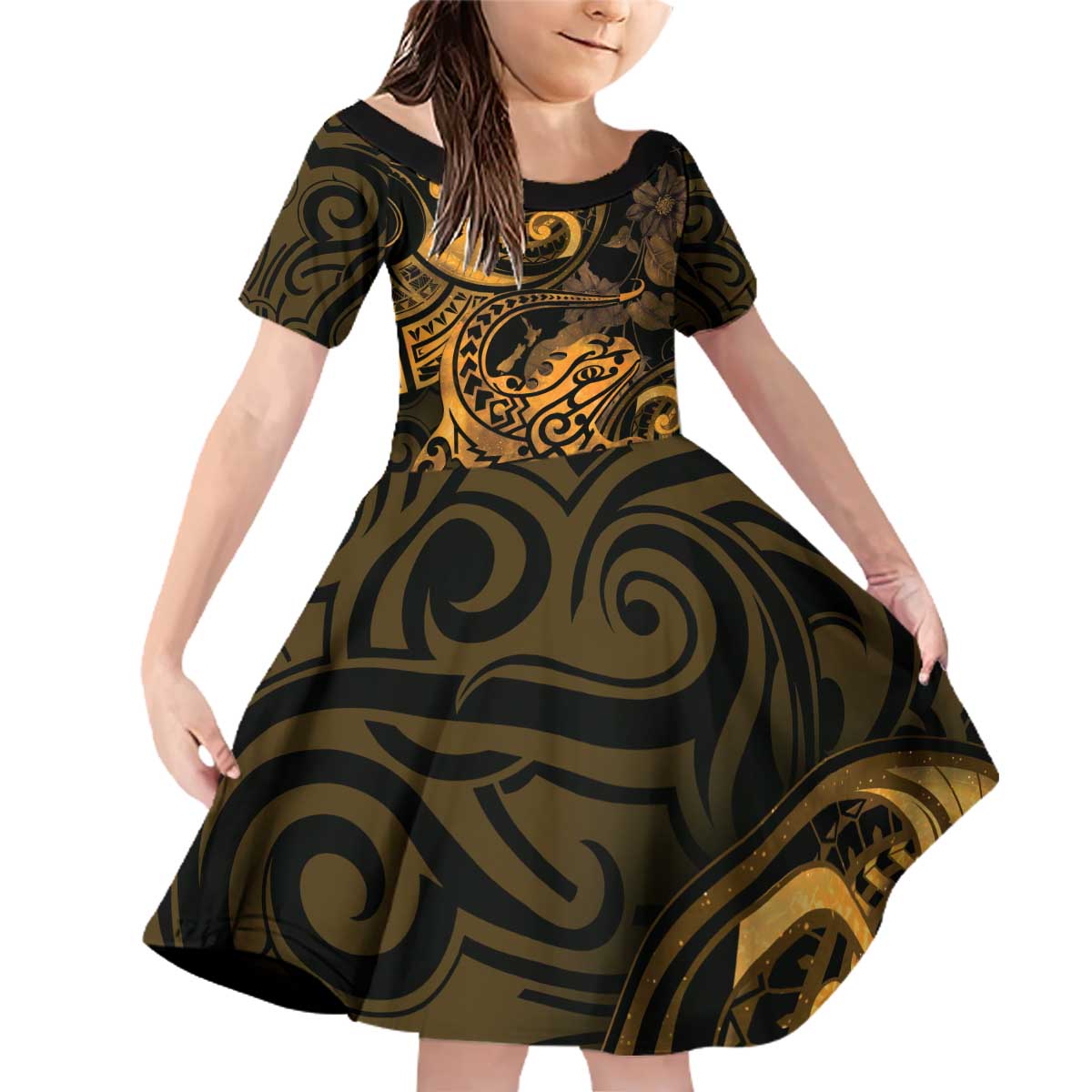 New Zealand Tuatara Family Matching Off Shoulder Short Dress and Hawaiian Shirt Aotearoa Maori Clematis Flowers - Gold LT14 Daughter's Dress Gold - Polynesian Pride