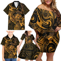New Zealand Tuatara Family Matching Off Shoulder Short Dress and Hawaiian Shirt Aotearoa Maori Clematis Flowers - Gold LT14 - Polynesian Pride