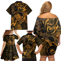 New Zealand Tuatara Family Matching Off Shoulder Short Dress and Hawaiian Shirt Aotearoa Maori Clematis Flowers - Gold LT14 - Polynesian Pride