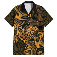 New Zealand Tuatara Family Matching Off Shoulder Short Dress and Hawaiian Shirt Aotearoa Maori Clematis Flowers - Gold LT14 Dad's Shirt - Short Sleeve Gold - Polynesian Pride