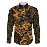 New Zealand Tuatara Family Matching Off Shoulder Short Dress and Hawaiian Shirt Aotearoa Maori Clematis Flowers - Gold LT14 Dad's Shirt - Long Sleeve Gold - Polynesian Pride