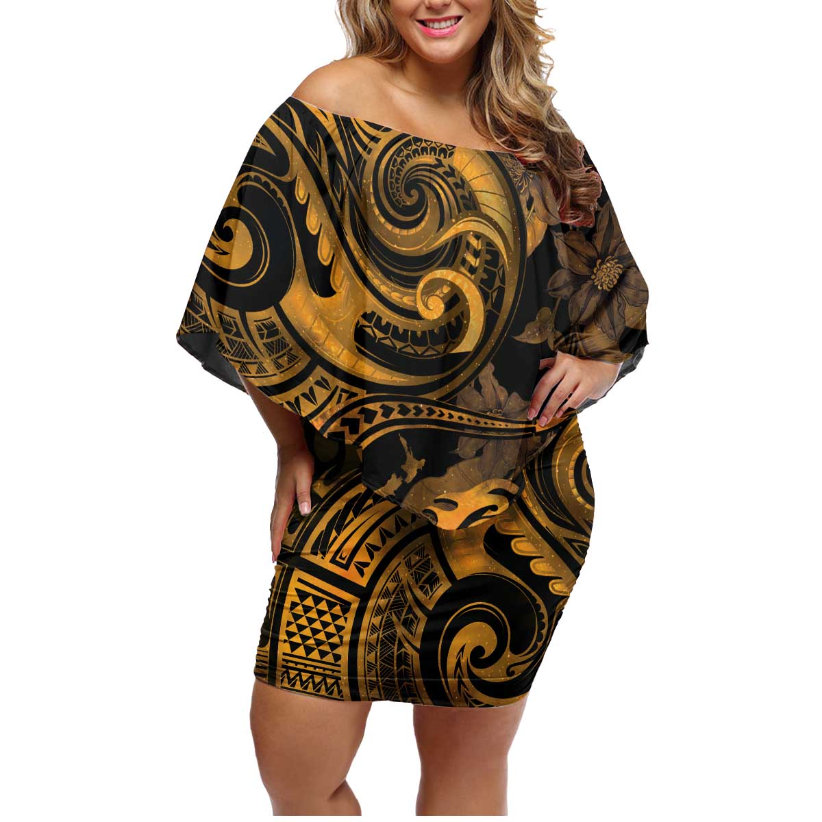New Zealand Tuatara Family Matching Off Shoulder Short Dress and Hawaiian Shirt Aotearoa Maori Clematis Flowers - Gold LT14 Mom's Dress Gold - Polynesian Pride
