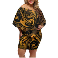 New Zealand Tuatara Family Matching Off Shoulder Short Dress and Hawaiian Shirt Aotearoa Maori Clematis Flowers - Gold LT14 Mom's Dress Gold - Polynesian Pride
