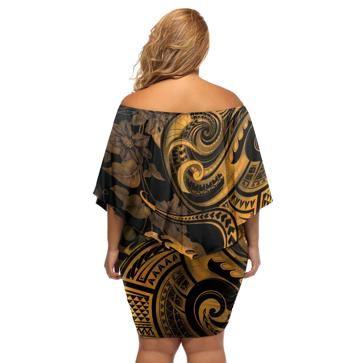 New Zealand Tuatara Family Matching Off Shoulder Short Dress and Hawaiian Shirt Aotearoa Maori Clematis Flowers - Gold LT14 - Polynesian Pride