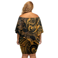 New Zealand Tuatara Family Matching Off Shoulder Short Dress and Hawaiian Shirt Aotearoa Maori Clematis Flowers - Gold LT14 - Polynesian Pride