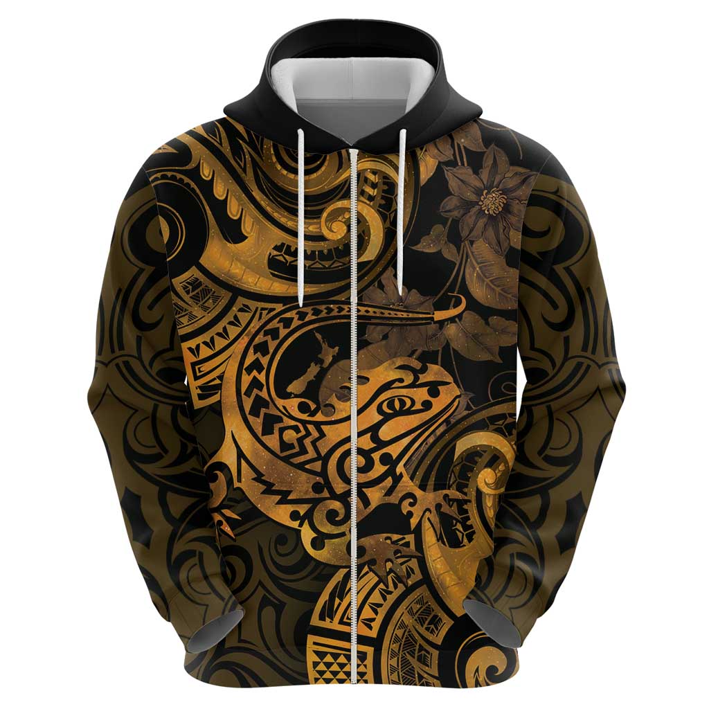 New Zealand Tuatara Hoodie Aotearoa Maori Clematis Flowers - Gold
