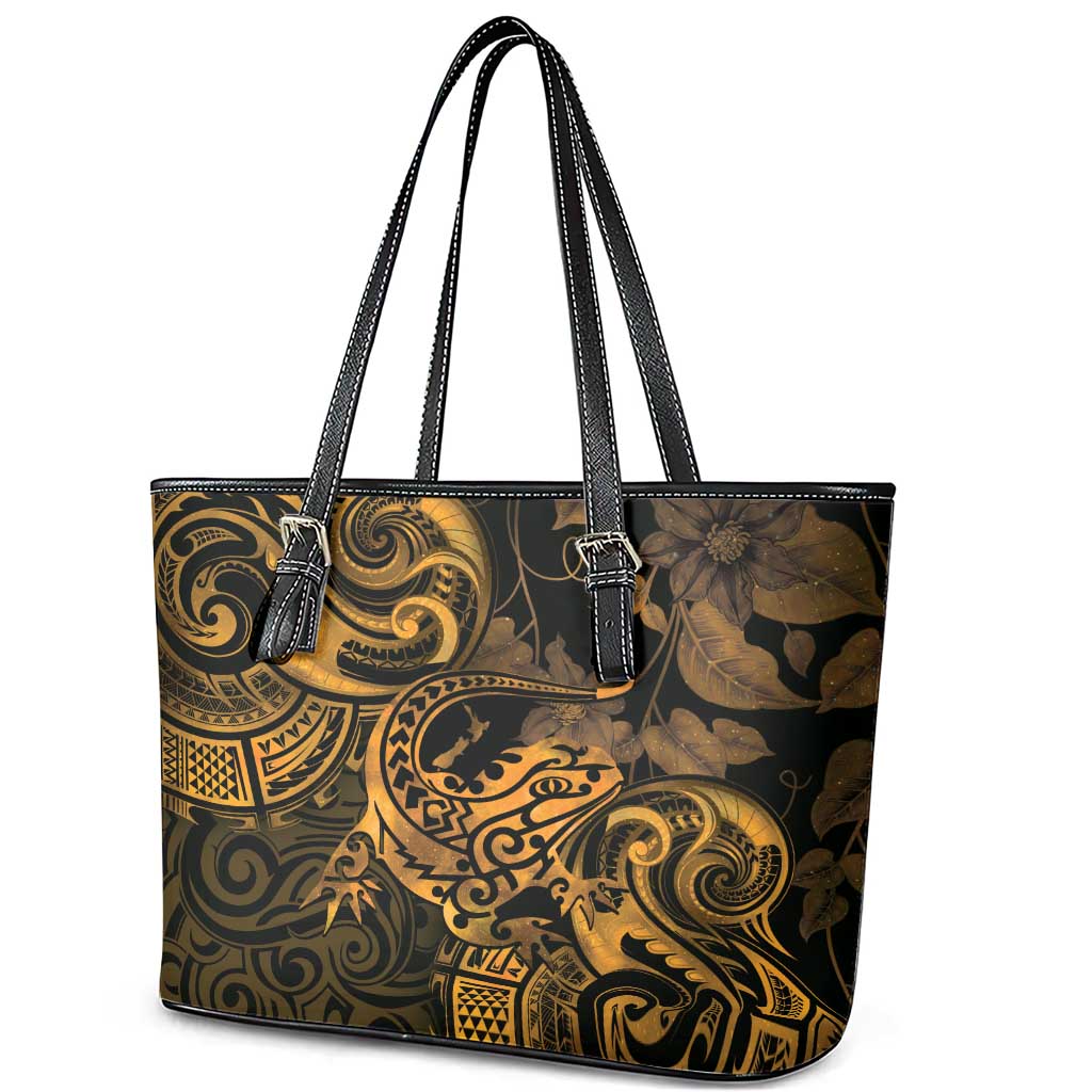 New Zealand Tuatara Leather Tote Bag Aotearoa Maori Clematis Flowers - Gold
