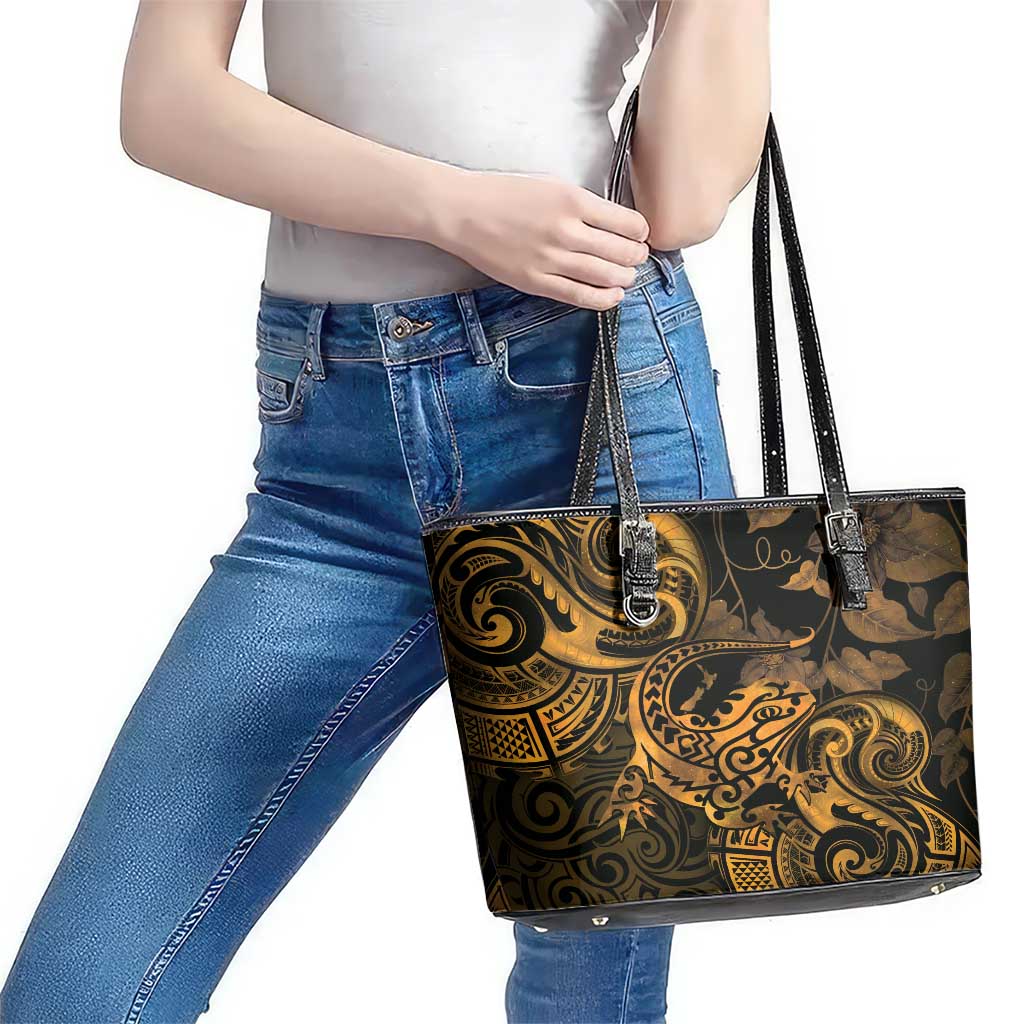 New Zealand Tuatara Leather Tote Bag Aotearoa Maori Clematis Flowers - Gold