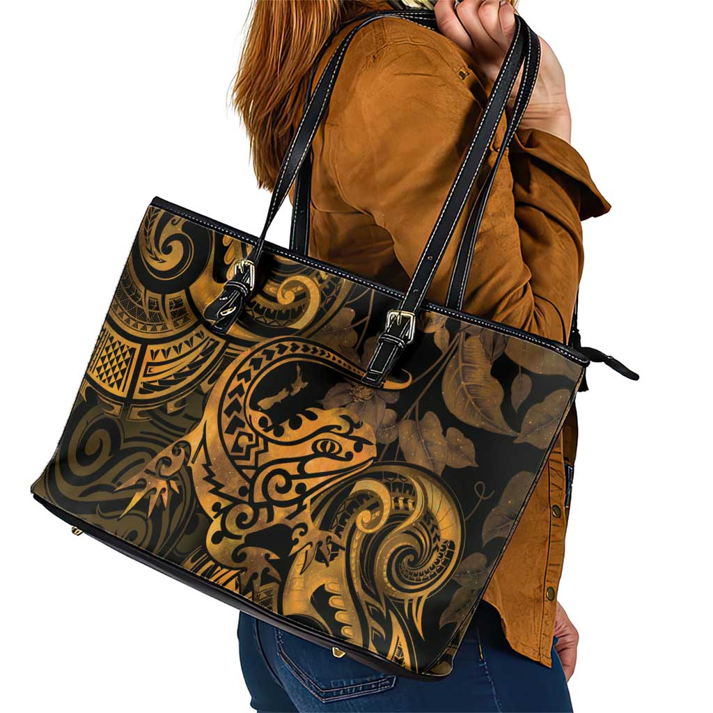 New Zealand Tuatara Leather Tote Bag Aotearoa Maori Clematis Flowers - Gold